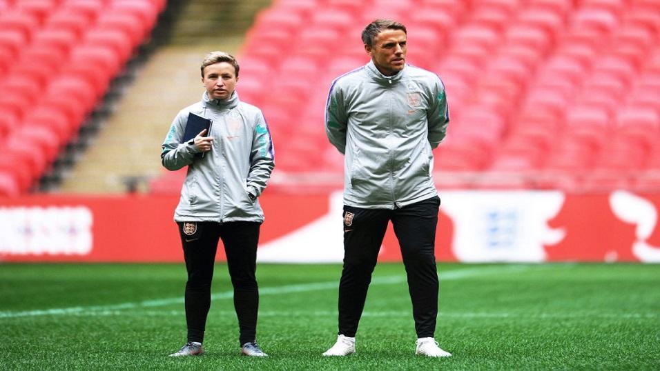 Bev Priestman and Phil Neville at Wembley